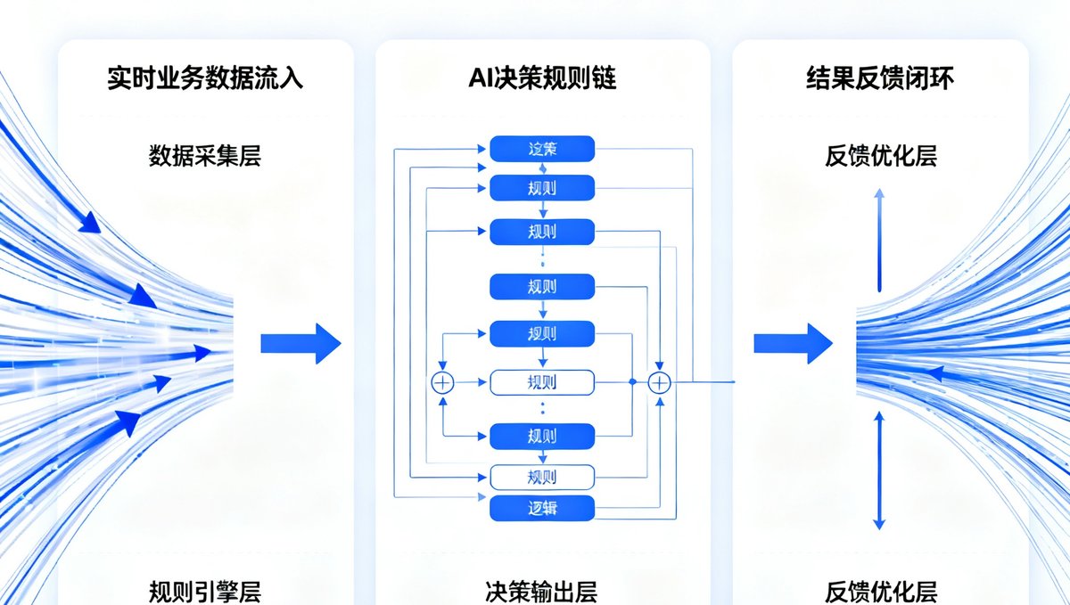 球盟会智能决策引擎的可视化界面，展示实时业务数据流入、AI决策规则链和结果反馈闭环的系统架构图