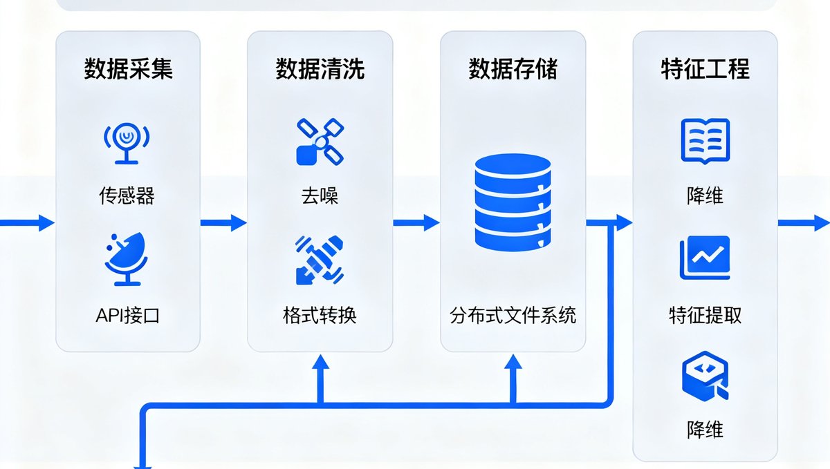 球盟会AI数据中台的技术架构示意图，展示从数据采集、清洗、存储到特征工程的全流程管道设计，采用微服务架构和分布式计算引擎